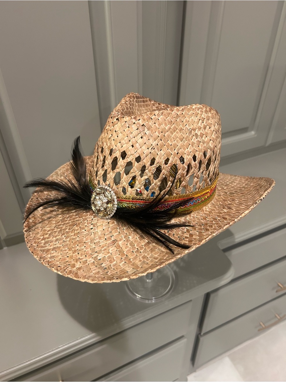 Women’s Straw Fedora Hat with Decorative Band and Feather Accent